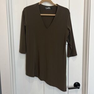 Sympli Women's Size 10 Taupe Brown Stretchy‎ Knit Casual V-Neck Blouse